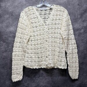 VTG Amanda Smith Crochet Knit Cardigan Womens L Cream Boho Cottage Gandmacore